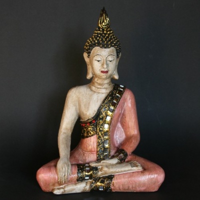 Thai Boeddha zittend, polystone, beschilderd hout look 35cm (255